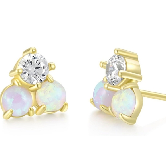 925 Sterling Silver 14kt Gold Plated Opal Earrings - Picture 2 of 5